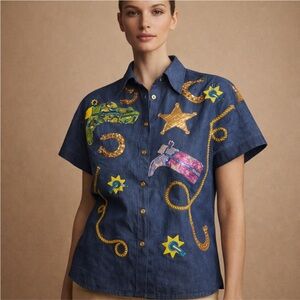 Monkees x Queen of Sparkles Denim Cowgirl Icon Button-Down Shirt – Medium